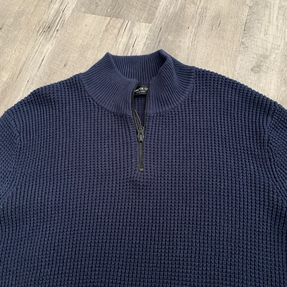 Kenneth Cole Sweater Mens XL Blue 1/4 Zip Cotton Waffle Knit Pullover